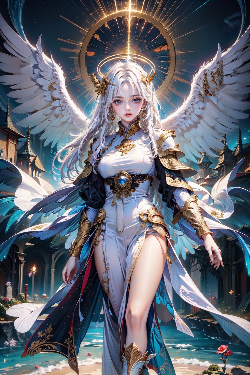 In a radiant Golden Hour setting, a stunning angel girl stands triumphantly amidst a dark background, her long blue hair cascading down like a river of night. Her reah is adorned with gold and silver crystal armor, shimmering in the soft light. Large white wings, feathered and detailed, spread wide as she praises the heavens, her beaty and beauty on full display. A glowing halo surrounds her head, casting an ethereal glow. The fallen angel's iridescent wings glimmer in the distance, a Rococo-inspired masterpiece that seems to pulse with an otherworldly energy. In this cinematic scene, the young angel girl is centered, her dynamic pose a testament to her heavenly beauty. Vibrant and comprehensive, the 8K rendering shines with Oktavian quality, every lineart precise and breathtaking in its detail.