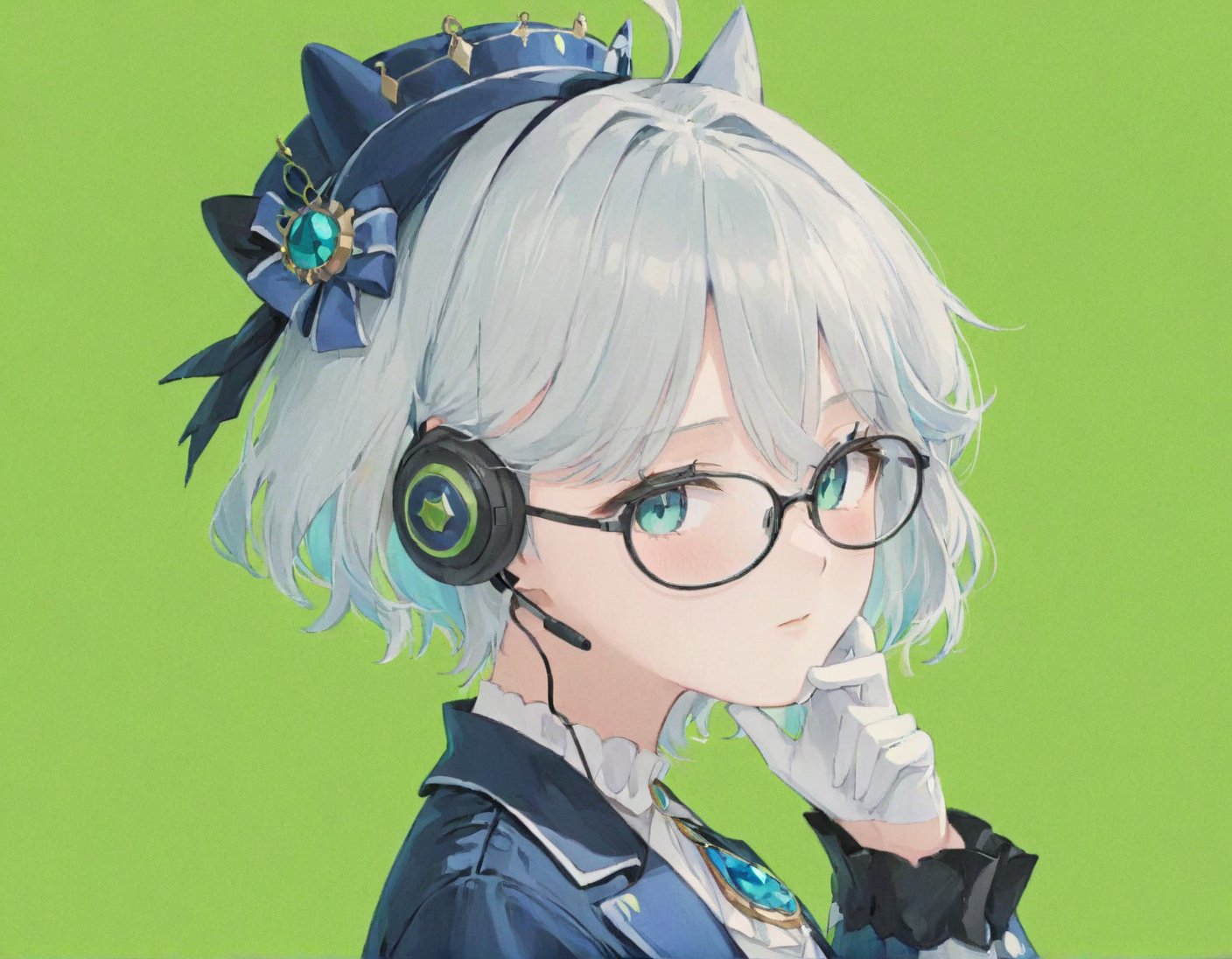 1girl, solo, full body, blue_headwear, looking_at_viewer, green_background, upper_body, simple_background, long_sleeves, blue_jacket, white_gloves, top_hat, ascot, short_hair, white_shirt, brooch, black_gloves,glasses on face,oval_cell,headphones. close eyes,
Faces of Bankruptcy in FX