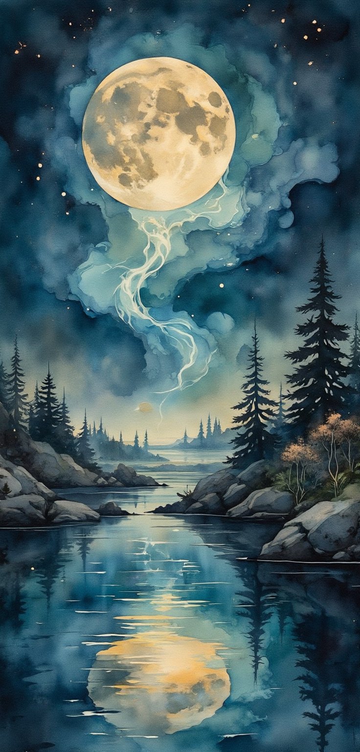 (Amazing art) (Create in Ethereal theme style) A (((full moon))) slowly rising above a (clear night sky), its glow casting an ethereal glow across the serene surroundings ((( ying yang))) ((anime steampunk art style)), magic aura and swirling spells, sparks of zen magi, firelights, reflections in water, fantasy art, fantasy artwork, a watercolor painting Fantasycore Epic cinematic brilliant stunning intricate meticulously detailed dramatic atmospheric Stylized splashy Watercolour, Anne Stokes,Waterhouse, Josephine Wall, WLOP, @eNarth masterpiece, this image is a masterpiece of digital painting art, perfect for a themed phone wallpaper, Wcol style