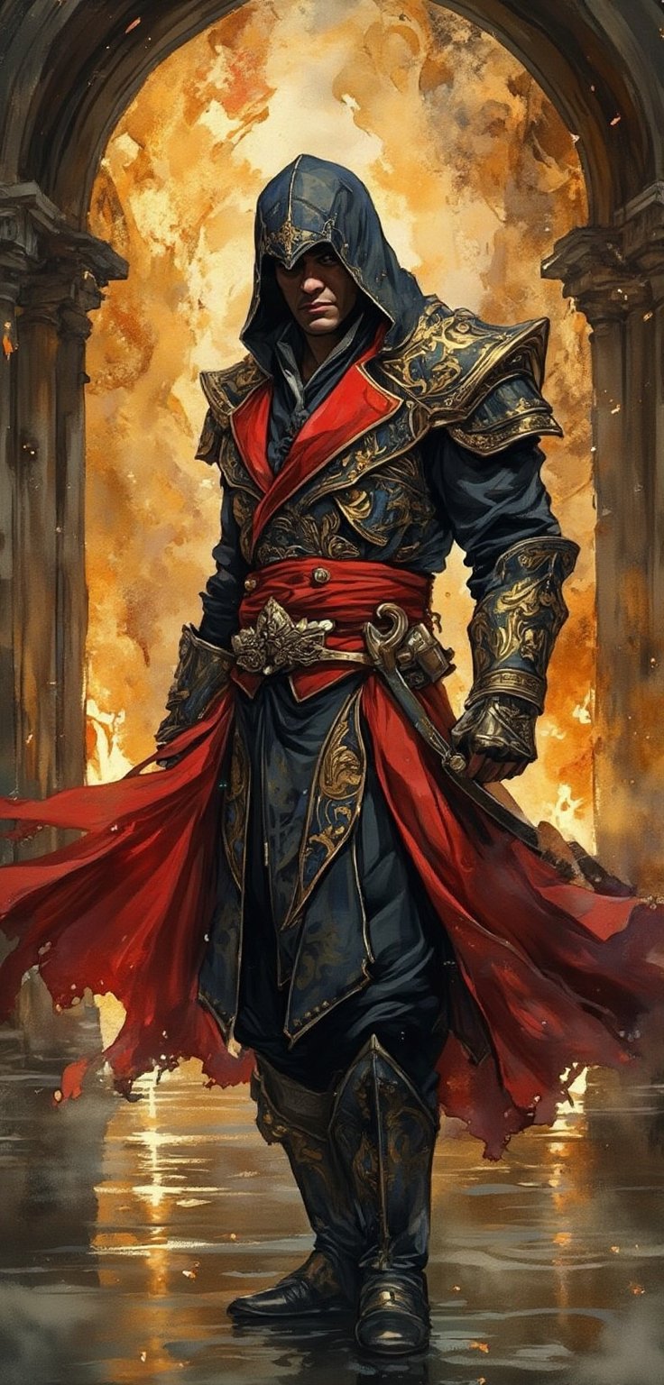 In this breathtaking [[inkwash art style]] portrait, a dashing Arab Assassin stands in a dynamic pose, his eyes cast downward with a serious tone. He wears a stunning black assassin suit adorned with dark red accents, exuding ancient magic and timeless elegance. The atmosphere is macabre, with triadic colors of crimson, gold, and indigo swirling around him like a mystical aura. As the assassin's gaze meets the viewer's, sparks of zen magi dance across his face, casting a mesmerizing glow. Firelights flicker in the background, casting reflections in the water below. The composition is dramatic, with extreme contrast and shimmering details that seem to leap off the page. In this incredible Key Visual artwork, Japanese Manga-inspired lines meet Fantia-esque fantasy elements, evoking the cinematic brilliance of Anne Stokes, Waterhouse, and Josephine Wall. Every brushstroke is meticulously detailed, from the intricate filigree on the matador suit to the swirling spells that surround our enigmatic hero. WLOP-worthy, this masterpiece by @eNarth is an absolute work of art.. this image is a masterpiece of digital painting art, perfect for a themed phone wallpaper, Wcol style