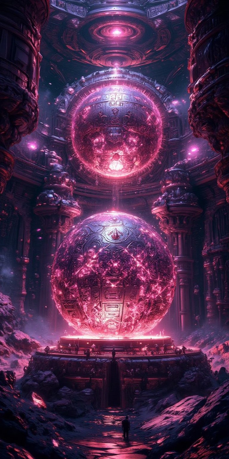 A mesmerizing mauve-tinted alien artifact,  radiating an otherworldly aura of mysterious power in a vibrant pop color phot...
