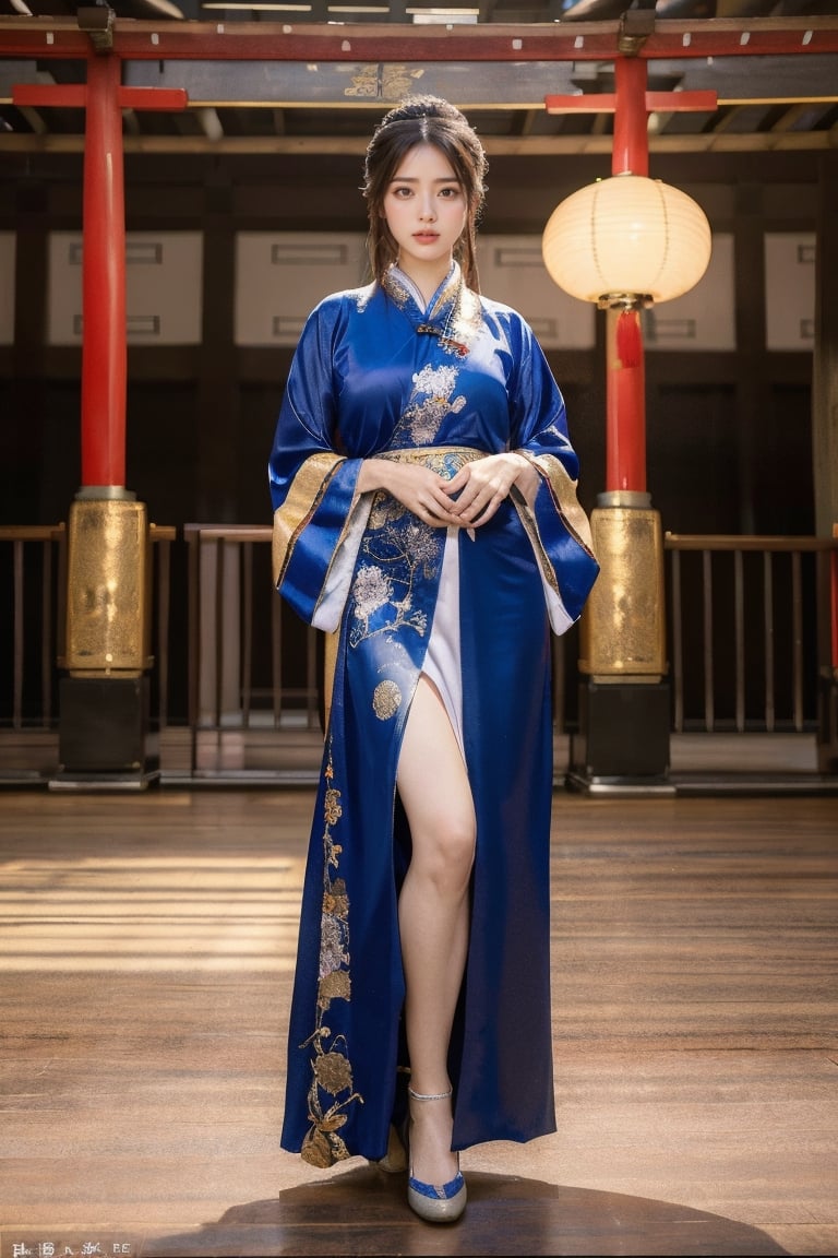 8K, HD quality, long shot,panoramic, realistic, full body shot, (photo realism: 1.9), Envision a radiant girl proudly parading down a well-lit runway in luxurious traditional Chinese Hanfu. Her posture and grace accentuate the magnificence and cultural heritage of the attire, creating a harmonious blend of ancient elegance and contemporary fashion