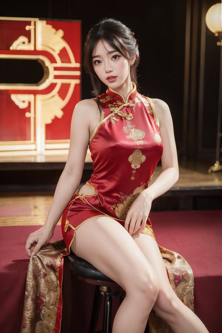 8K, high-definition quality, long lens, panoramic, realistic, full-body shooting (photo realism: 1.9), imagine a radiant girl wearing a luxurious traditional Chinese cheongsam sitting proudly on a brightly lit T stage chair. Her figure and elegance highlight the gorgeousness and cultural heritage of her clothing, creating a harmonious fusion of ancient elegance and contemporary fashion.
