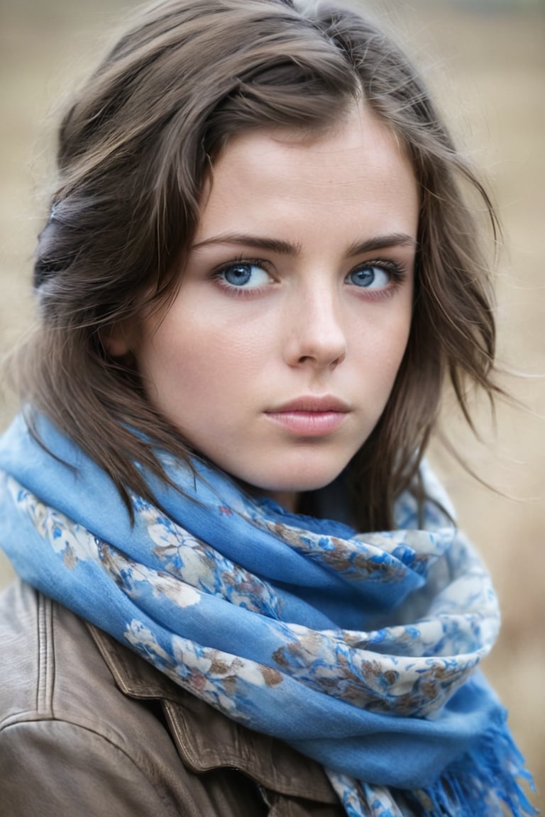 A contemplative portrait of a young woman with windblown brunette hair, her piercing blue eyes conveying a pensive, thoughtful mood as she gazes inward, [framed by the soft lighting and muted tones of a rustic, rural setting], [with the floral scarf lending a touch of warmth and femininity to the scene]