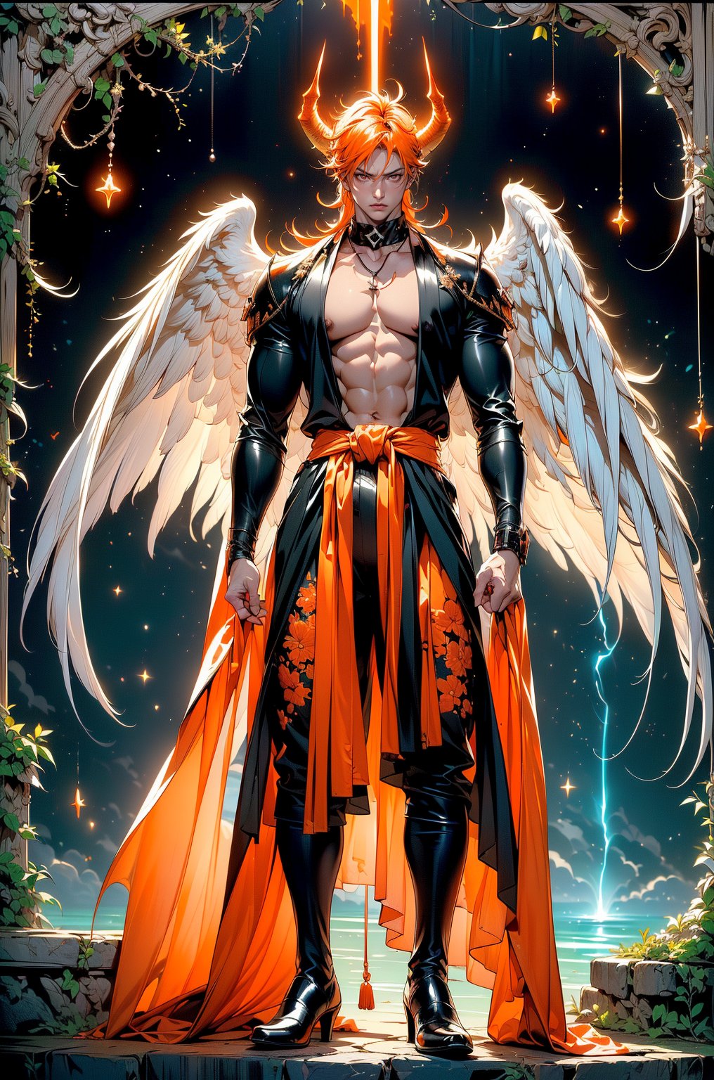  (focus on the whole body, full length, posing, legs and feet visible: 1.6), (((black armor, black bankai, holding a sword in his hand, horns, wings of energy black, armor, black tight pants, with a orange tint:1.7), ((bare chest, open top, no clothes, bare chest visible: 1.6)), (3rd person front view:1.5), ((1 male korean asian: 1.47), ((Ichigo Kurosaki/Zangetsu: 1.7)), (((narrow waist: 1.4)), (Extremely Detailed hands and feet: 1.2), ((volumetric lighting, bewitching light, cinematic lighting, lighting, front light: 1.1))), (masterpiece, best quality, super detailed, highly detailed computer illustration: 1.2), (tall, Kurosaki Ichigo, muscular build, whole body visible, with red glowing eyes, orange hair, orange long hair, young guy, in Japanese clothes with armor, whole body exudes black and red aura, with cut sleeves, armor with bare shoulders and arms, in black tight pants, horns, muscular thighs, boots, stylishly dressed, pendant, bracelets, with bare muscular chest and abs, aura, energy, beam, standing, smoke, energy, lightning: 1.5),, (red theme:1.5), (Night forest with a beautiful view of the lake. A wide variety of vegetation and flowers shimmer beautifully in the light. Moss on wet stones gives a monochrome look to a fabulous place. A beautiful stone arch overlooking the lake is decorated with many exquisite patterns. Beautiful flowers and vines hang from stone ruins spread out by the lake. Beautiful lighting creates an unprecedented view. The night sky with many stars and a large planet in the background create a fantastic view that takes your breath away. A soft fog hangs over the lake: 1.2)