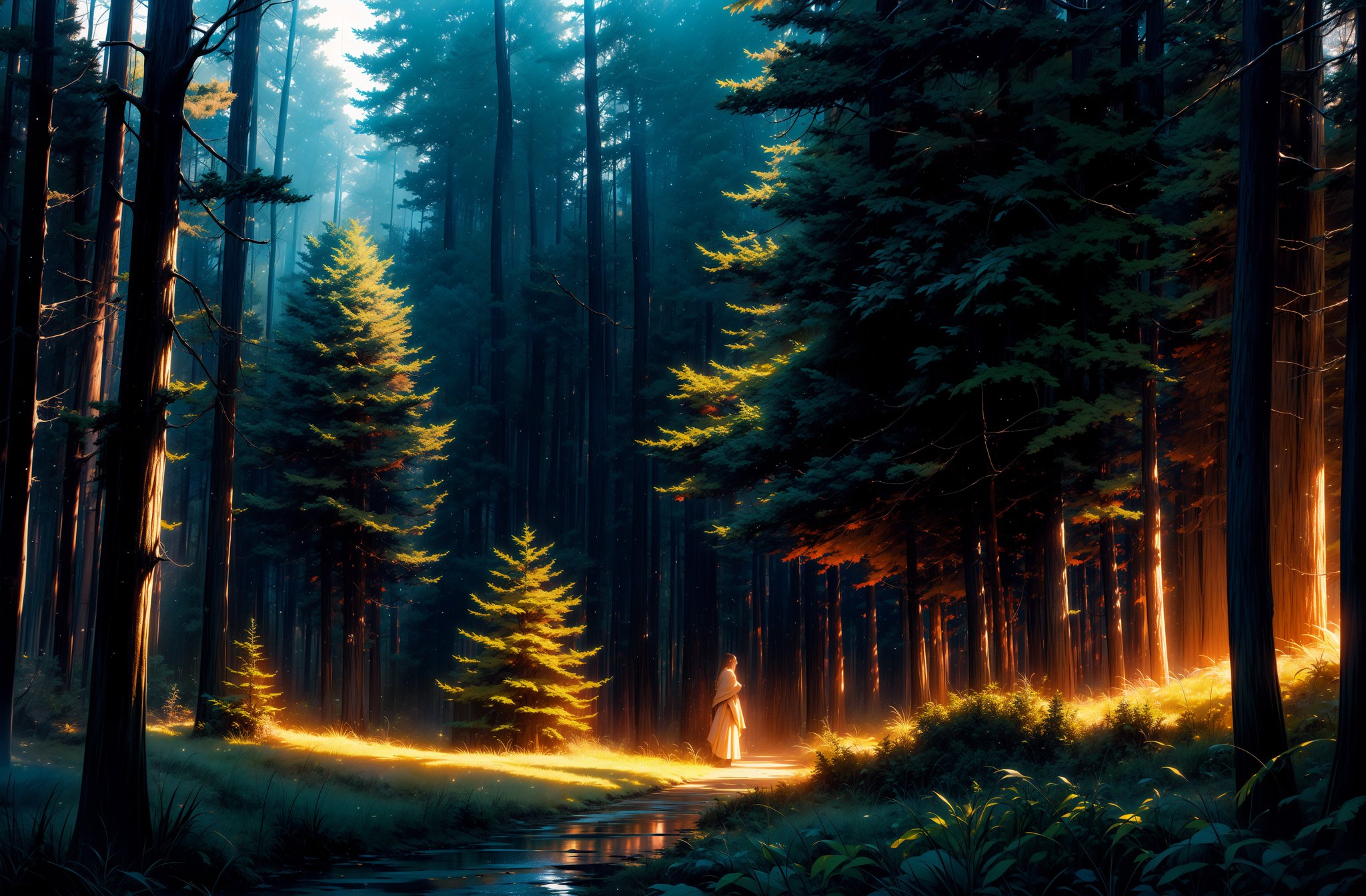 (Masterpiece: 1.3), (Best Quality: 1.3), night sky, pine forest, path, fern, wet earth, cinematic, atmospheric, breathtaking sunsets, ethereal lighting, stunning colors, 8K, mystical, cinematic lighting, dynamic lighting, Octane Render, landscape photography by Mark Adamus.