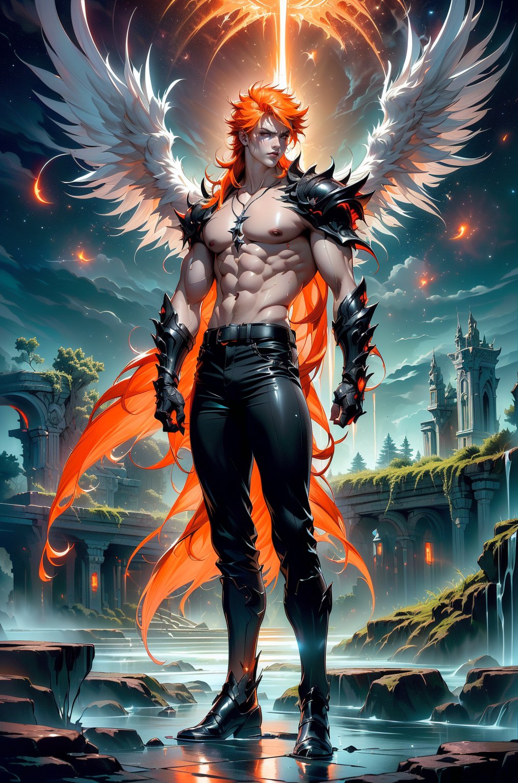  (focus on the whole body, full length, posing, legs and feet visible: 1.6), (((black armor, black bankai, holding a sword in his hand, halo, wings of energy black, armor, black tight pants, with a orange tint:1.7), ((bare chest, open top, no clothes, bare chest visible: 1.6)), (3rd person front view:1.5), ((1 male korean asian: 1.47), ((Ichigo Kurosaki/Zangetsu: 1.7)), (((narrow waist: 1.4)), (Extremely Detailed hands and feet: 1.2), ((volumetric lighting, bewitching light, cinematic lighting, lighting, front light: 1.1))), (masterpiece, best quality, super detailed, highly detailed computer illustration: 1.2), (tall, Kurosaki Ichigo, muscular build, whole body visible, with red glowing eyes, orange hair, orange long hair, young guy, in Japanese clothes with armor, whole body exudes black and red aura, with cut sleeves, armor with bare shoulders and arms, in black tight pants, halo, muscular thighs, boots, stylishly dressed, pendant, bracelets, with bare muscular chest and abs, aura, energy, beam, standing, smoke, energy, lightning: 1.5),, (red theme:1.5), (Night forest with a beautiful view of the lake. A wide variety of vegetation and flowers shimmer beautifully in the light. Moss on wet stones gives a monochrome look to a fabulous place. A beautiful stone arch overlooking the lake is decorated with many exquisite patterns. Beautiful flowers and vines hang from stone ruins spread out by the lake. Beautiful lighting creates an unprecedented view. The night sky with many stars and a large planet in the background create a fantastic view that takes your breath away. A soft fog hangs over the lake: 1.2)