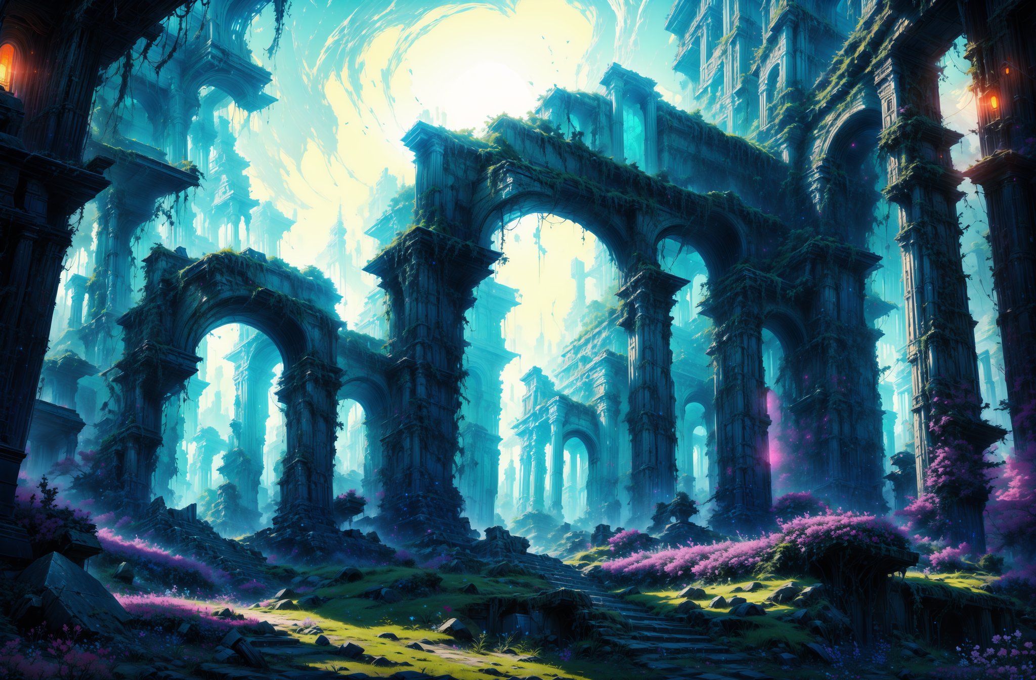 Quiet,  good night. The futuristic abandoned ruins of an ancient alien state are dimly lit,  soft moonlight spreads beauti...