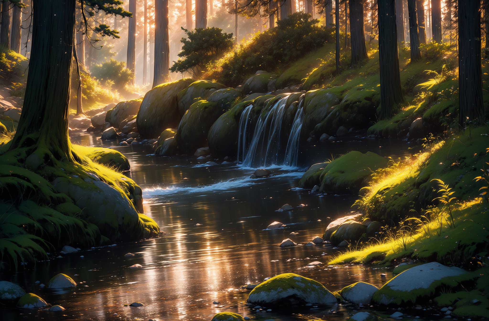 (Masterpiece: 1.3), (Best Quality: 1.3) Beautiful Sunset, Magnificent and Beautiful American Forest, Wet Earth, Rocks, Stream, Fern, Cinematic, Atmospheric, 8K, Mystical, Dynamic Lighting, Octane Render, Landscape Photography by Mark Adamus,