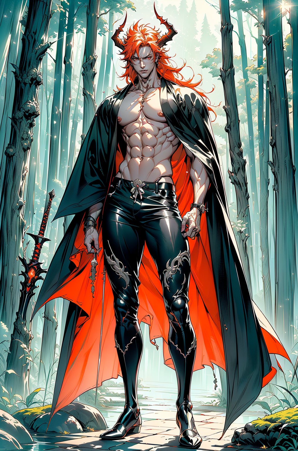 (focus on the whole body, full length, posing, legs and feet visible: 1.6), (((black dangai, black bankai, sekai, holding a sword in his hand, horns:1.7), ((bare chest, open top, no clothes, bare chest visible: 1.6)), (3rd person front view:1.5), (( male boy korean asian: 1.4), ((Ichigo Kurosaki/Zangetsu: 1.7)), (((narrow waist: 1.4)), (Extremely Detailed hands and feet: 1.2), ((volumetric lighting, bewitching light, cinematic lighting, lighting, front light: 1.1))), (masterpiece, best quality, super detailed, highly detailed computer illustration: 1.2), ((tall, kurosaki ichigo, muscular Asian build, full body visible, with red glowing eyes, orange hair, orange long hair, young guy about 30 years old, walking, posing in Japanese clothes, black kimono, holding a black katana, full body exudes black and red aura, with cut off sleeves, bare shoulders and arms, in black tight pants, horns, muscular thighs, boots, stylishly dressed, pendant, bracelets, with bare muscular chest and abs, large scar on abs, aura, energy, beam, standing, smoke, energy, lightning: 1.5),, (red theme:1.5), (Morning forest with a beautiful view of the lake. A great variety of vegetation and flowers shimmer beautifully in the light. Moss on wet stones gives a monochrome look to a fabulous place. Beautiful forest morning haze and damp cool air create a feeling of freshness. Beautiful lush trees stand gracefully and the morning sun penetrates through the crown, illuminating and warming the foliage after a cool summer night. Beautiful grass with drops of dew. Beautiful flowers and vines hang from stone ruins spread out by the lake. Beautiful lighting creates an unprecedented view. The morning sky with lots of clouds and a large planet in the background create a fantastic view that takes your breath away. The morning fog softly falls over the lake: 1.2)