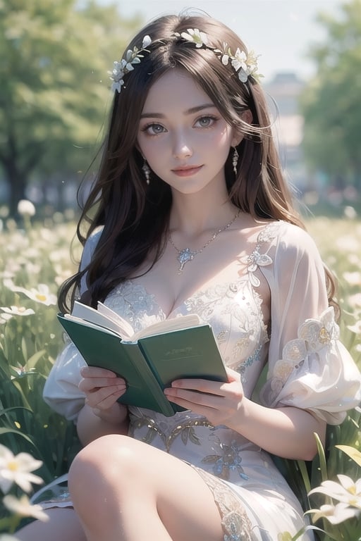  A beautiful woman. Best Quality, Crazy Details and Sharp Focus, Masterpiece, Professional, Award Winning, Fine Detail, High Detail, UHD, 64k, Soft Look,shy,smile,evening, a white seat put front of flower field and a woman reading book down there 