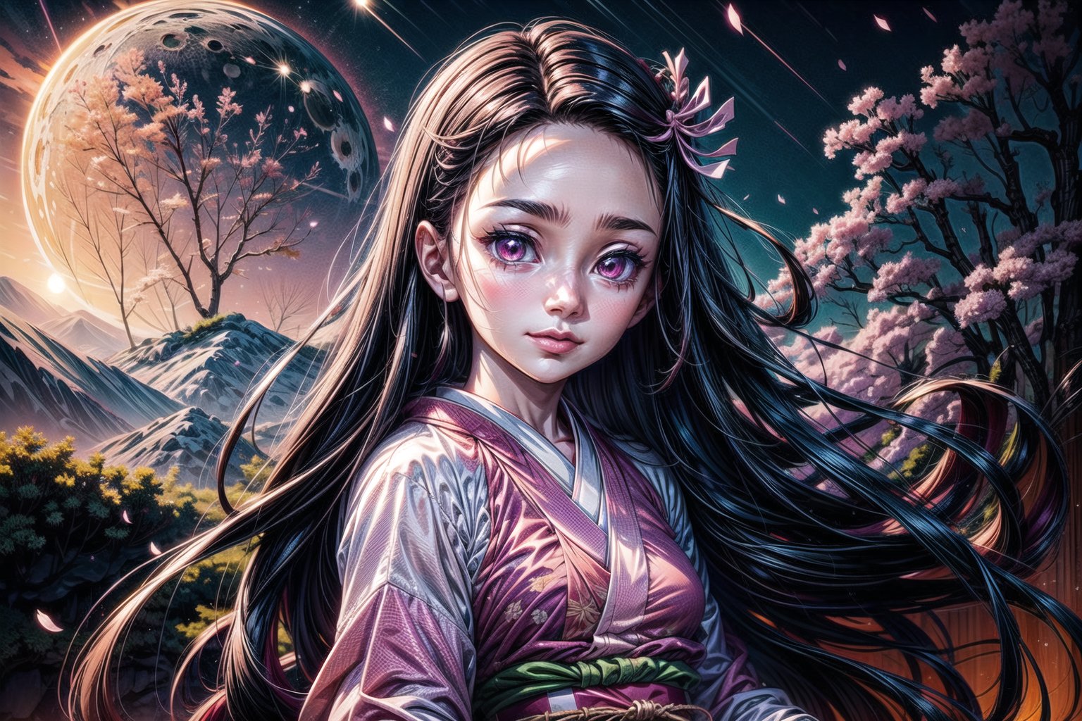 Full body image of Nezuko Kamado, perfect face, perfectly detailed lips, small smile, perfect details, detailed eyes, dynamic pose:1.4), best quality, 8k, masterpiece, photorealistic, HDR.

(Night landscape with full moon and sakura petals:1.3).
-, very long hair, ribbon,pink ribbon, pink kimono,pink eyes, multicolored hair,japanese clothes, hair ribbon,forehead, black hair, 1girl,nezuko