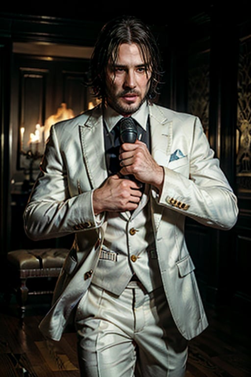 ((Panoramic and open wide shot)), masterpiece, excellent quality, 
perfect hands,epic running fast shooting machine gun with flames, photo realistic "John Wick", singing ((wearing a bright white suit and guitar and singing into a microphone))
different weapons
knives, katanas, submachine guns, grenades, in a shootout with other men, thriller style, aggressive pose, modern black and white Gucci suit, armed gun, photorealistic, highly detailed, blurry photo, intricate, incredibly detailed, super detailed, gangster texture, detailed , crazy, soft lights and shadows