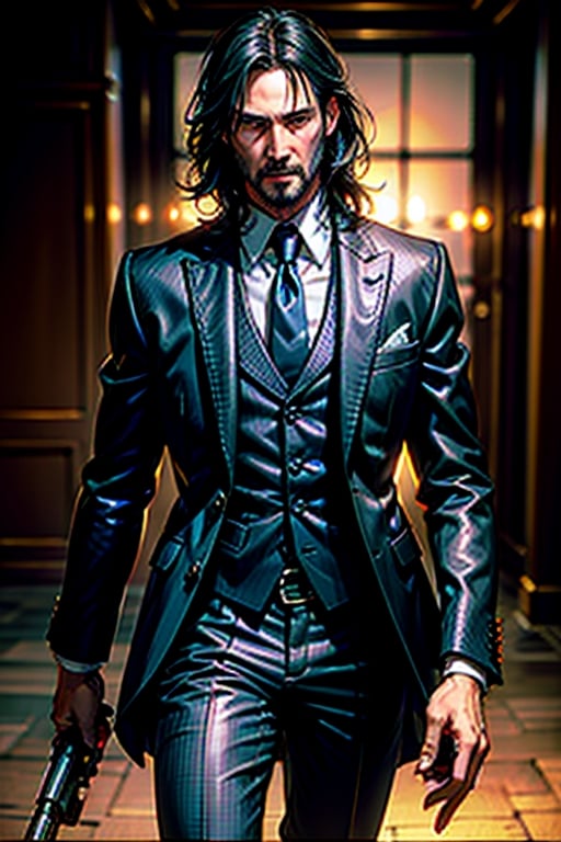 open wide shot, masterpiece, excellent quality, 
perfect hands,epic running fast shooting machine gun with flames, photo realistic Keanu Reeves John Wick with pistol and machine gun , thriller style, aggressive pose, modern black and white Gucci suit, armed gun, photorealistic, highly detailed, blurry photo, intricate, incredibly detailed, super detailed, gangster texture, detailed , crazy, soft lights and shadows