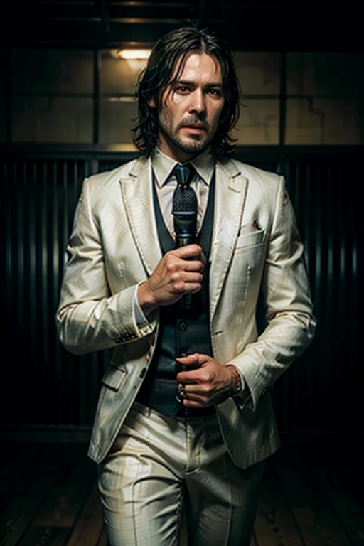 ((Panoramic and open wide shot)), masterpiece, excellent quality, 
perfect hands,epic running fast shooting machine gun with flames, photo realistic "John Wick", singing ((wearing a bright white suit and guitar and singing into a microphone))
different weapons
knives, katanas, submachine guns, grenades, in a shootout with other men, thriller style, aggressive pose, modern black and white Gucci suit, armed gun, photorealistic, highly detailed, blurry photo, intricate, incredibly detailed, super detailed, gangster texture, detailed , crazy, soft lights and shadows