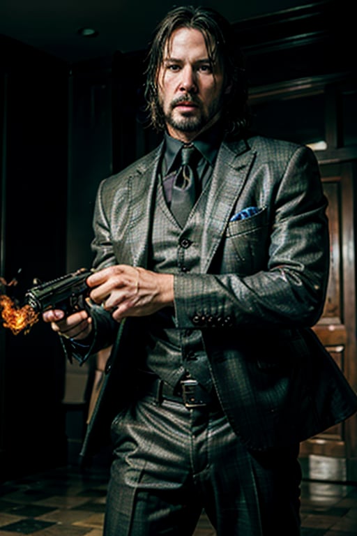 ((Panoramic and open wide shot)), masterpiece, excellent quality, 
perfect hands,epic running fast shooting machine gun with flames, photo realistic Keanu Reeves John Wick with pistol and machine gun , 
different weapons
knives, katanas, submachine guns, grenades, in a shootout with other men, thriller style, aggressive pose, modern black and white Gucci suit, armed gun, photorealistic, highly detailed, blurry photo, intricate, incredibly detailed, super detailed, gangster texture, detailed , crazy, soft lights and shadows