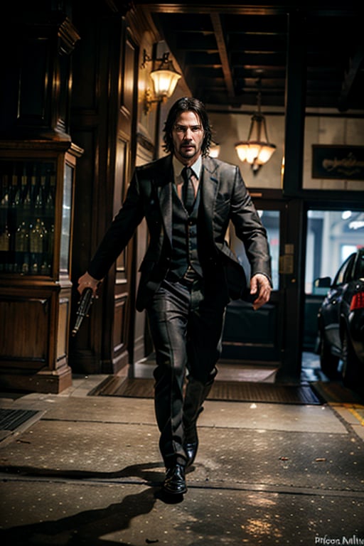 ((Panoramic and open wide shot)), masterpiece, excellent quality, 
perfect hands,epic running fast shooting machine gun with flames, photo realistic Keanu Reeves John Wick with pistol and machine gun , 
different weapons
knives, katanas, submachine guns, grenades, in a shootout with other men, thriller style, aggressive pose, modern black and white Gucci suit, armed gun, photorealistic, highly detailed, blurry photo, intricate, incredibly detailed, super detailed, gangster texture, detailed , crazy, soft lights and shadows