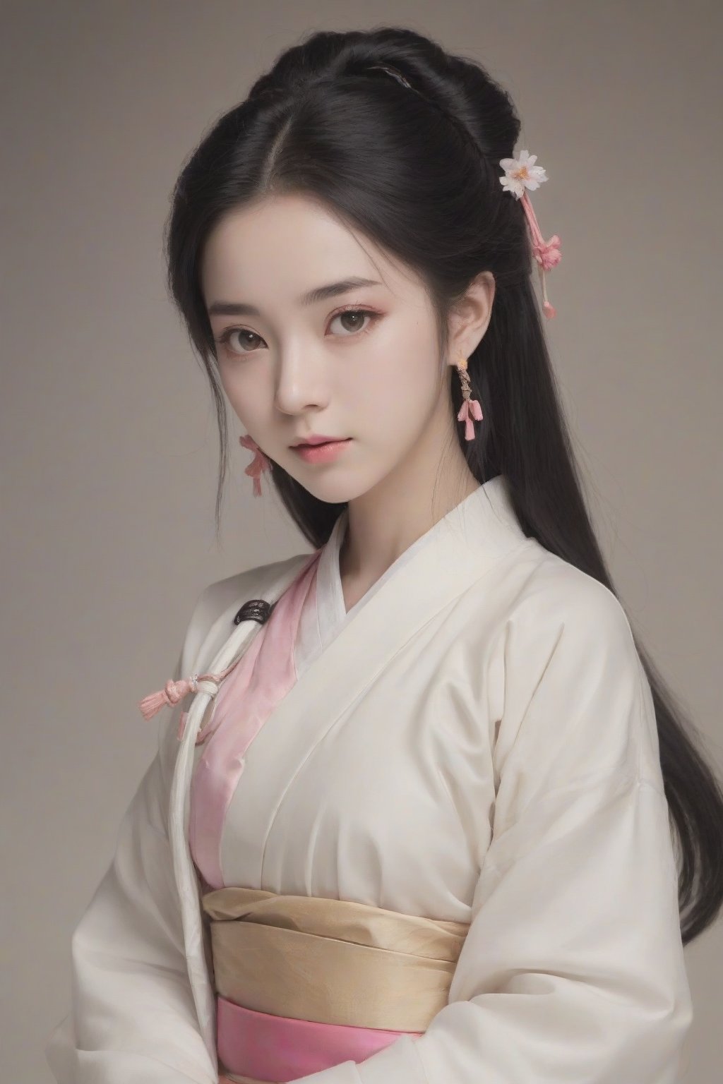 1girl,black_hair,white_clothes,looking_at_viewer,mole,solo, hanfu,tang style outfits,pink upper shan,multicolour chest pleated skirt。