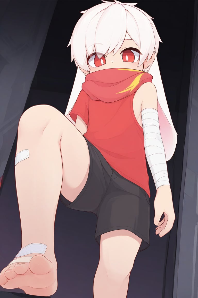 (vrchat,3d:0.5),solo,male_focus,male_child,shota, 
vup-bai,(white_hair:0.8),red eyes,(floppy_ears,lop_rabbit_ears),[scarf,red scarf,floating_scarf,scarf_over_mouth],
(red t-shirt,single_sleeve),(black shorts),(barefoot,bandage on feet),BREAK,
[from_below,panorama],looking_at_viewer,
(dark,shadow),
standing,feet_up,foot_focus,soles,
(masterpiece, best quality:1.1),