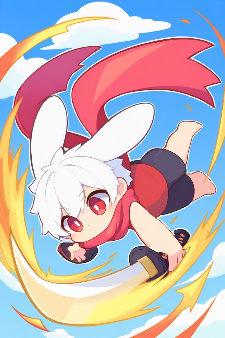 (chibi),solo,male_focus,male_child,shota, 
vup-bai,(white_hair:0.8),red eyes,(floppy_ears,lop_rabbit_ears),[scarf,red scarf,floating_scarf,scarf_over_mouth],
(red t-shirt,sleeveless:0.8),(black shorts:0.8),barefoot,BREAK,
(perfect_hand,perfect_feet),
[sky,cloud,red_sky],
jumping,(weapon,sword,katana,holding katana),
(masterpiece, best quality:1.1),