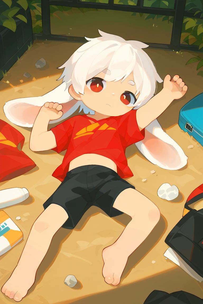 solo,male_focus,shota,
vup-bai,white_hair,(lop_ears:1.2),(red shirt:0.8),(black shorts:0.8),[barefoot],
dynamic_pose,lying,BREAK,
score_9,score_8_up,score_7_up,score_6_up,score_5_up,source_anime,source_cartoon