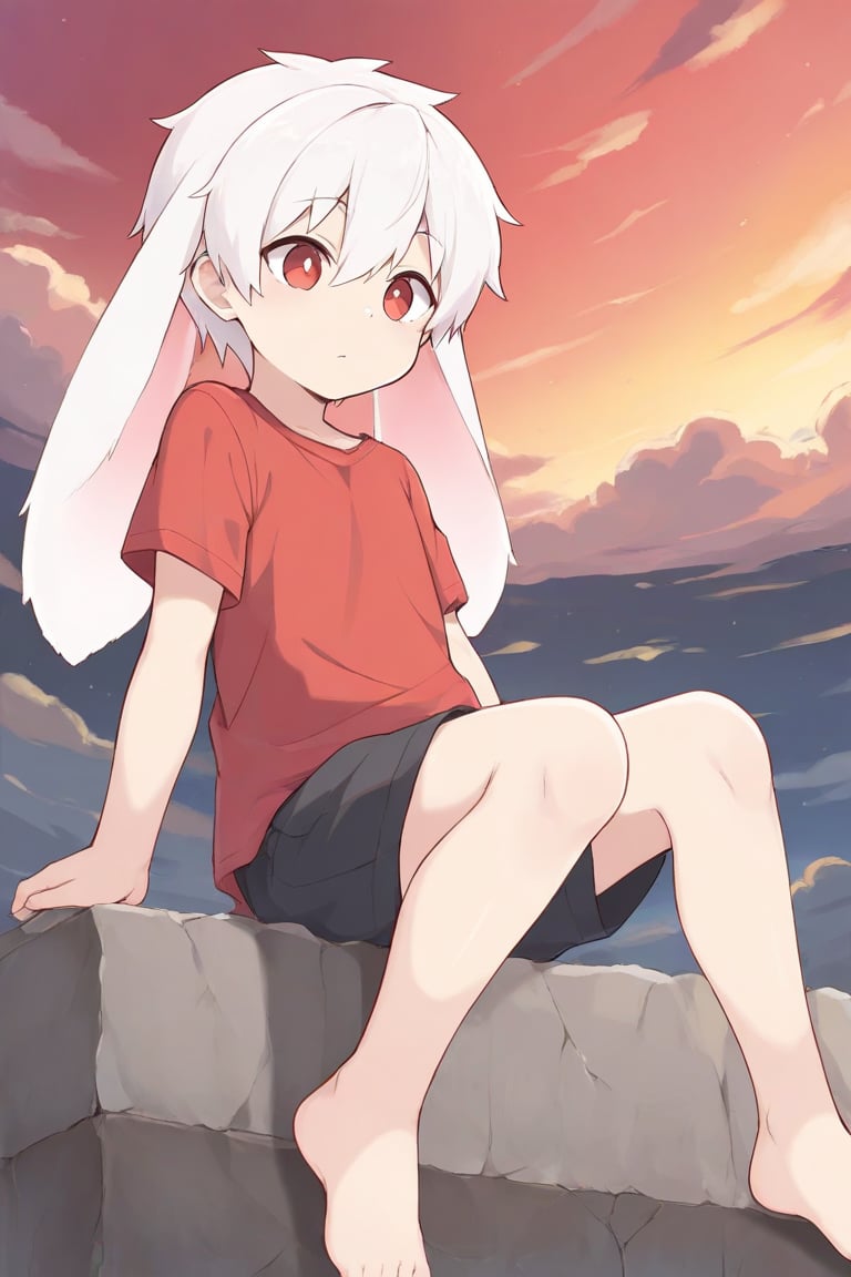 solo,male_focus,shota, 
vup-bai,(white_hair:0.8),red eyes,(floppy_ears,lop_rabbit_ears),(red t-shirt,sleeveless:0.8),(black shorts:0.8),barefoot,BREAK,
sky,cloud,red_sky,
sitting,on_side,
(masterpiece, best quality:1.1),