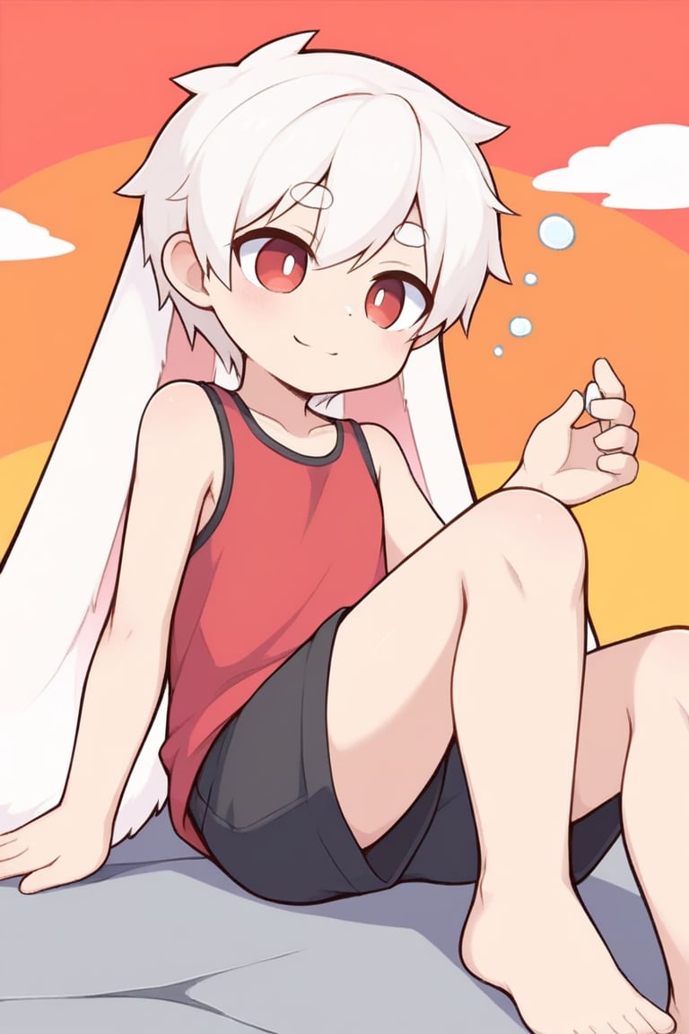 solo,male_focus,shota, 
vup-bai,(white_hair:0.8),red eyes,(floppy_ears,lop_rabbit_ears),(red t-shirt,sleeveless:0.8),(black shorts:0.8),barefoot,BREAK,
(perfect_hand,perfect_feet),
sky,cloud,red_sky,
reclining,on back,smile,sleepy,half-closed eyes,squeans,
(masterpiece, best quality:1.1),