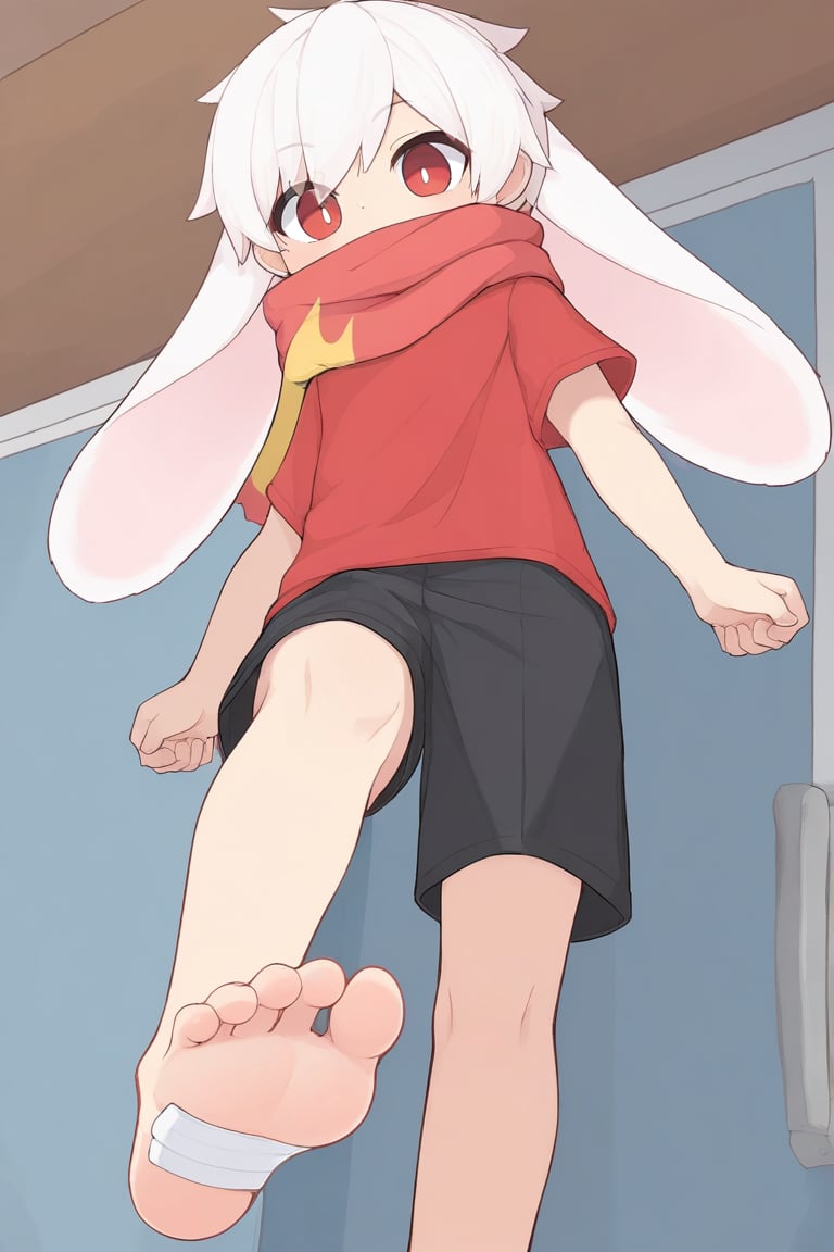 (vrchat,3d:0.5),solo,male_focus,male_child,shota, 
vup-bai,(white_hair:0.8),red eyes,(floppy_ears,lop_rabbit_ears),[scarf,red scarf,floating_scarf,scarf_over_mouth],
(red t-shirt,single_sleeve),(black shorts),(barefoot,bandage on feet),BREAK,
[from_below],looking_at_viewer,
standing,feet_up,foot_focus,soles,
(masterpiece, best quality:1.1),