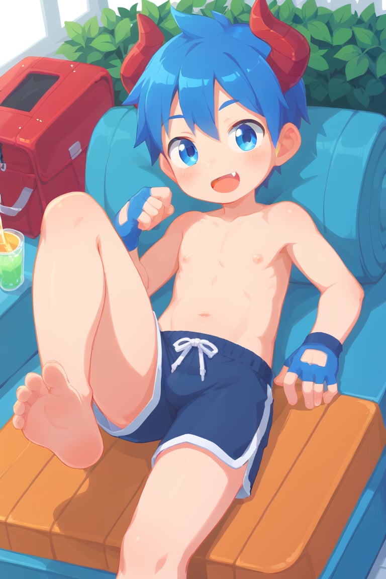 solo,male_child,shota,(blue animal_ear:1.25),blue hair,blue eyes,BREAK,,
red detached_horns /(devil_horns/),BREAK,
bare legs,topless,swim trunks,fingerless_glove,happy,
looking at viewer,laying_down,leg up,
feet_focus,prefect soles,BREAK,
score_9,score_8_up,score_7_up,score_6_up,score_5_up,score_4_up,masterpiece,score_anime