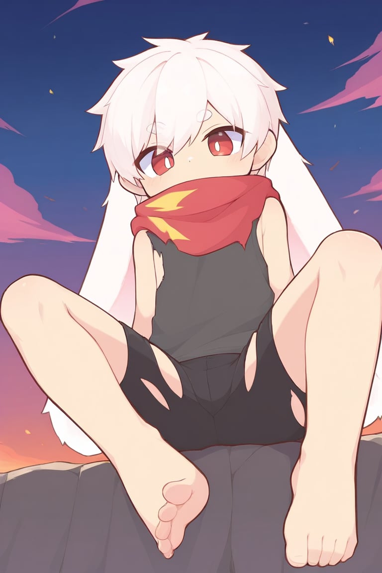 (vrchat:0.5),solo,male_focus,male_child,shota, 
vup-bai,(white_hair:0.8),red eyes,(floppy_ears,lop_rabbit_ears),[scarf,red scarf,floating_scarf,scarf_over_mouth],
(red t-shirt,sleeveless:0.8),(black shorts:0.8),(torn clothes,torn shirt,torn shorts,torn scarf),barefoot,BREAK,
[sky,cloud,red_sky],foot_focus,
sitting,on_back,
(masterpiece, best quality:1.1),