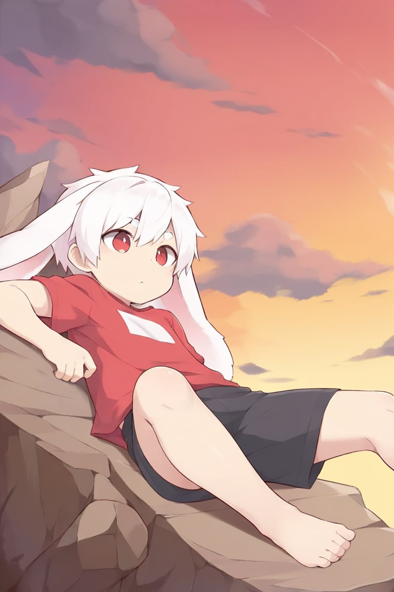 solo,male_focus,shota, 
vup-bai,(white_hair:0.8),red eyes,(floppy_ears,lop_rabbit_ears),(red t-shirt,sleeveless:0.8),(black shorts:0.8),barefoot,BREAK,
sky,cloud,red_sky,
reclining,on back,
(masterpiece, best quality:1.1),