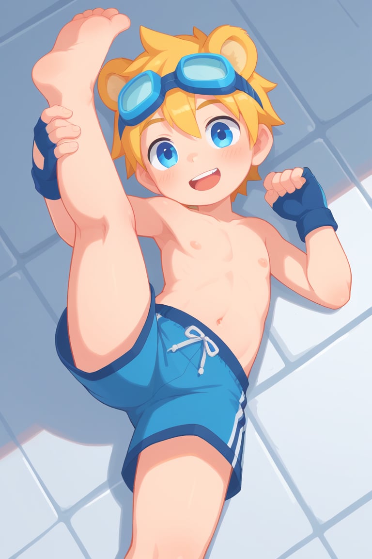 solo,male_child,shota,bear_boy,animal ear,yellow ear,yellow hair,blue eyes,eye_glow,BREAK,,
goggles_on_head,ski_goggles,blue goggles,BREAK,
bare legs,topless,swim trunks,fingerless_glove,happy,
looking at viewer,laying_down,tow leg up,
feet_focus,prefect soles,BREAK,
score_9,score_8_up,score_7_up,score_6_up,type-d, score_5_up, score_4_up,