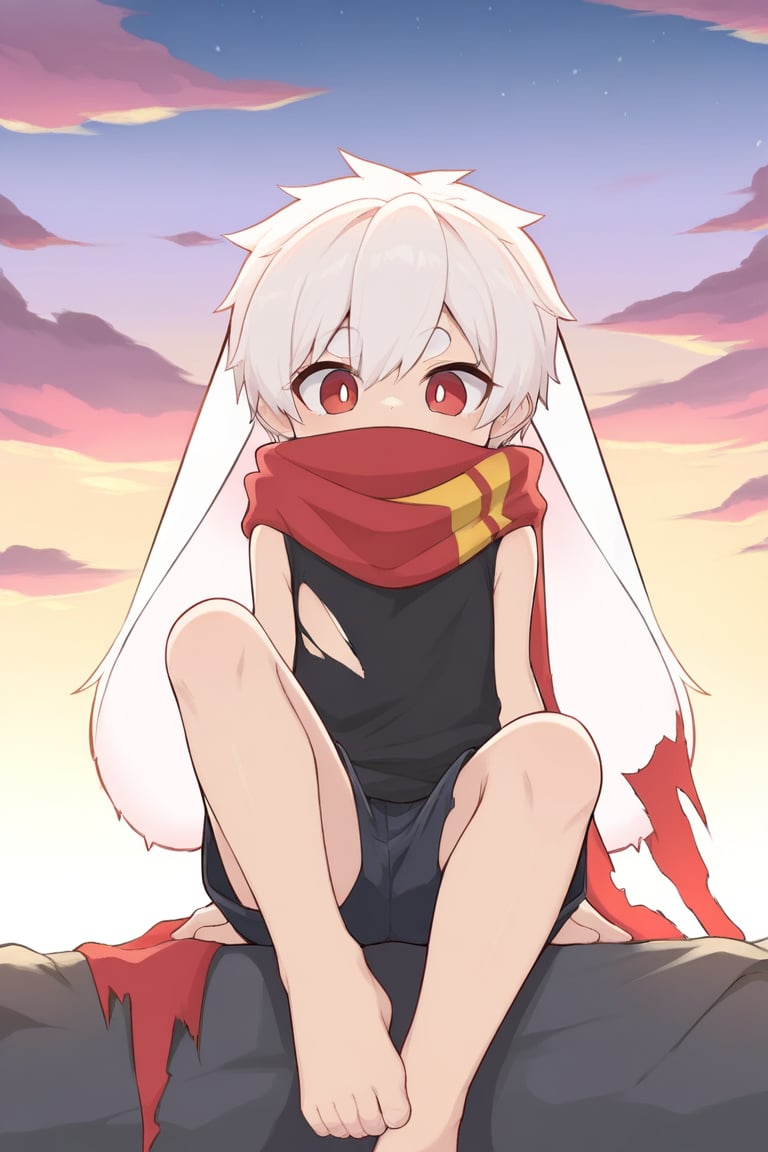 (haitenai_rpg),solo,male_focus,male_child,shota, 
vup-bai,(white_hair:0.8),red eyes,(floppy_ears,lop_rabbit_ears),[scarf,red scarf,floating_scarf,scarf_over_mouth],
(red t-shirt,sleeveless:0.8),(black shorts:0.8),(torn clothes,torn shirt,torn shorts,torn scarf),barefoot,BREAK,
[sky,cloud,red_sky],foot_focus,
sitting,on_back,
(masterpiece, best quality:1.1),