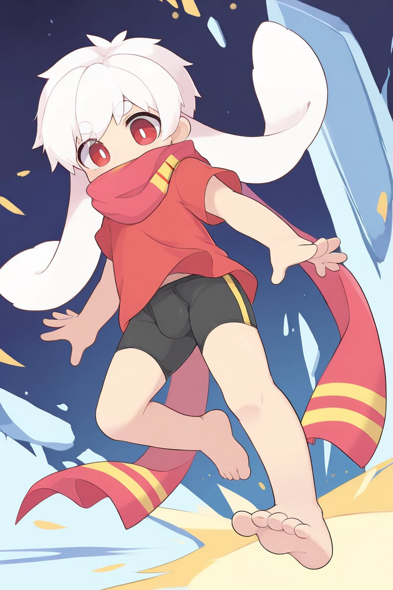 solo,male_focus,male_child,shota, 
vup-bai,(white_hair:0.8),red eyes,(floppy_ears,lop_rabbit_ears),[scarf,red scarf,floating_scarf,scarf_over_mouth],
(red t-shirt,black jammers,bulge),(barefoot),BREAK,
(masterpiece, best quality:1.1),