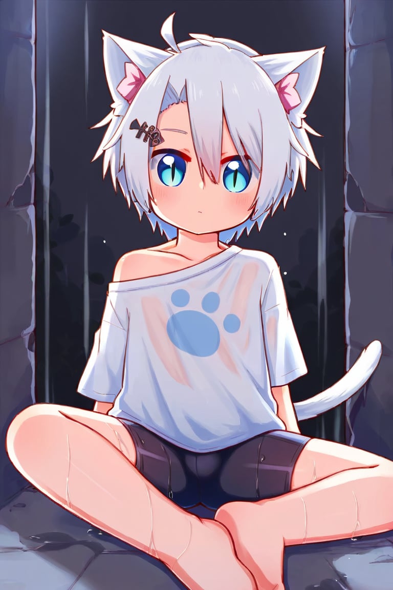 solo,male_focus,male_child,shota, 
vup-wh,cat ears,animal ear fluff,white hair,blue eyes,slit pupils,cat tail,white t-shirt,paw print,off shoulder,bike shorts,black shorts,barefoot,BREAK,
[night, dark, black theme],foot_focus,
sitting,on_back,wet,
(masterpiece, best quality:1.1),