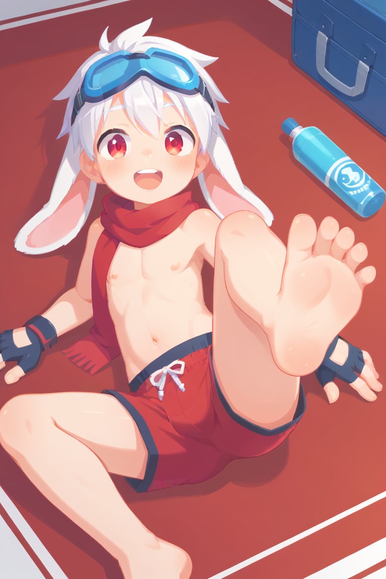 solo,male_child,shota,lop_boy,long ear,white ear,white hair,red eyes,BREAK,,
red torn_scarf, ski_goggles,BREAK,
bare legs,topless,swim trunks,fingerless_glove,happy,
looking at viewer,laying_down,leg up,
feet_focus,prefect soles,BREAK,
score_9,score_8_up,score_7_up,score_6_up,score_5_up,score_4_up,masterpiece,score_anime