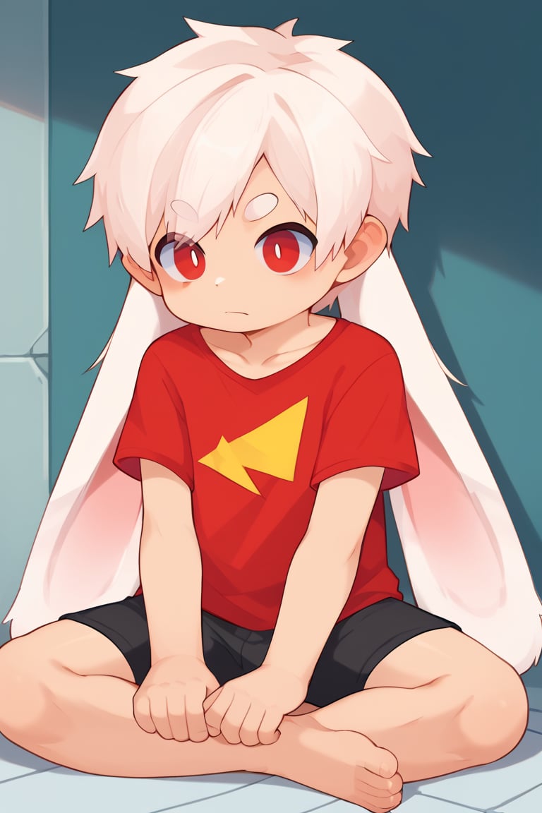 solo,male_focus,shota, 
vup-bai,white_hair,red eyes,(lop_ears:1.2),(red shirt:0.8),(black shorts:0.8),[barefoot], 
sitting,on_side,BREAK,
score_9,score_8_up,score_7_up,score_6_up,score_5_up