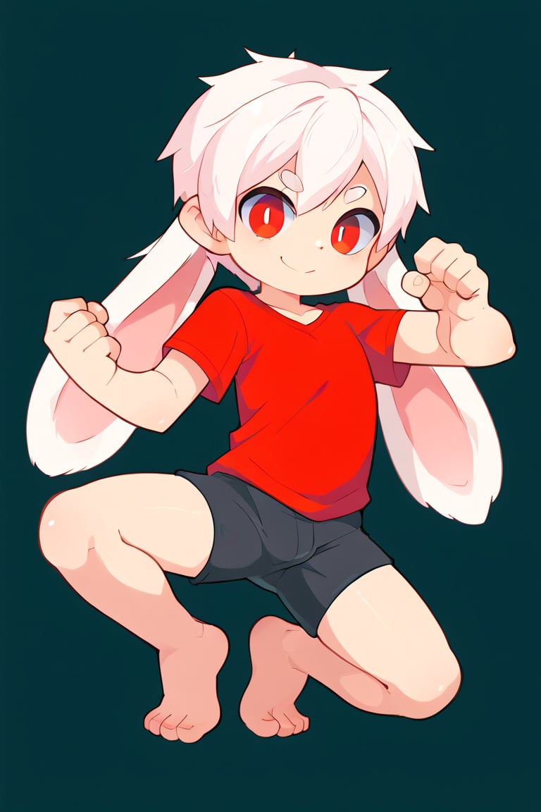 solo,male_focus,shota, 
vup-bai,white_hair,red eyes,(lop_ears:1.2),(red shirt:0.8),(black shorts:0.8),[barefoot], 
smile,battoujutsu stance,BREAK,
score_9,score_8_up,score_7_up,score_6_up,score_5_up