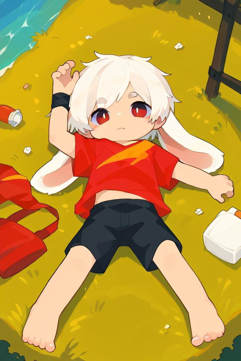 solo,male_focus,shota,
vup-bai,white_hair,(lop_ears:1.2),(red shirt:0.8),(black shorts:0.8),[barefoot],
dynamic_pose,lying,feet_focus,feet_up,BREAK,
score_9,score_8_up,score_7_up,score_6_up,score_5_up,source_cartoon