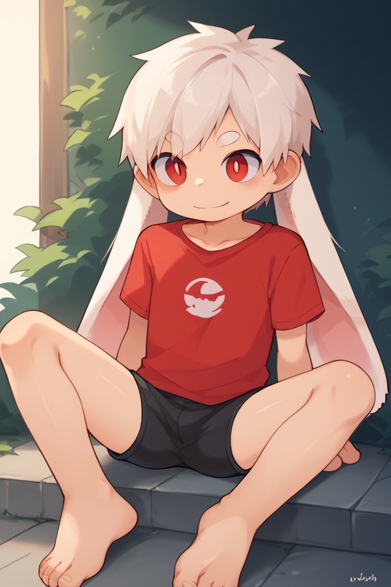 solo,male_focus,shota, 
vup-bai,white_hair,red eyes,(lop_ears:1.2),(red shirt:0.8),(black shorts:0.8),[barefoot], 
smile,sitting,legs apart,BREAK,
score_9,score_8_up,score_7_up,score_6_up,score_5_up