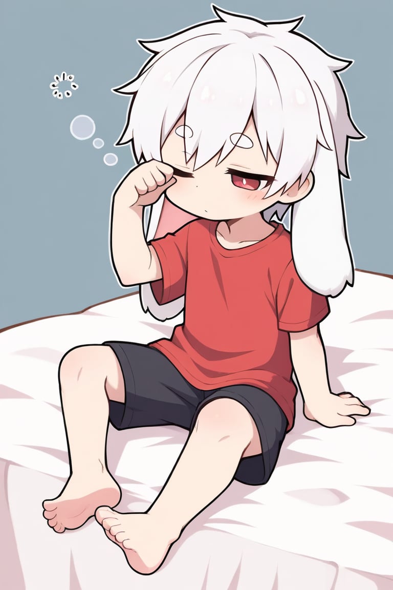 (chibi),solo,male_focus,male_child,shota, 
vup-bai,(white_hair:0.8),red eyes,(floppy_ears,lop_rabbit_ears),(red t-shirt,sleeveless:0.8),(black shorts:0.8),barefoot,BREAK,
(perfect_hand,perfect_feet),
[bed,bed sheet],
[hand on own head,hand up,knee up],
[one eye closed,half-closed eyes,rubbing eyes],
on_bed,sitting,sleepy,waking up,squeans,
(masterpiece, best quality:1.1),