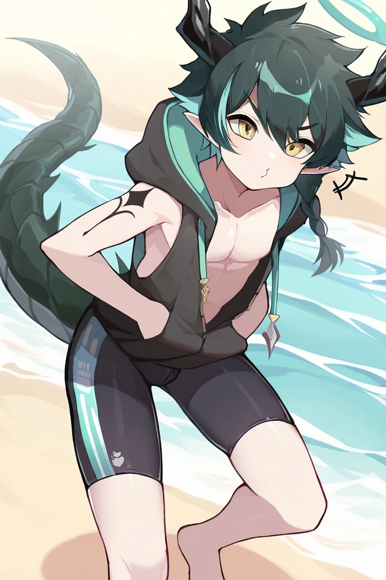 solo,male_focus, 
vup-lls,yellow eyes,(streaked hair,black hair,aqua hair,side braid),(dragon horns,halo,pointy ears,dragon tail),tattoo,
black sleeveless_hoodie,jammers,barefoot,BREAK,
(beach,river),o3o,>_<,>3<,
(masterpiece, best quality:1.1),