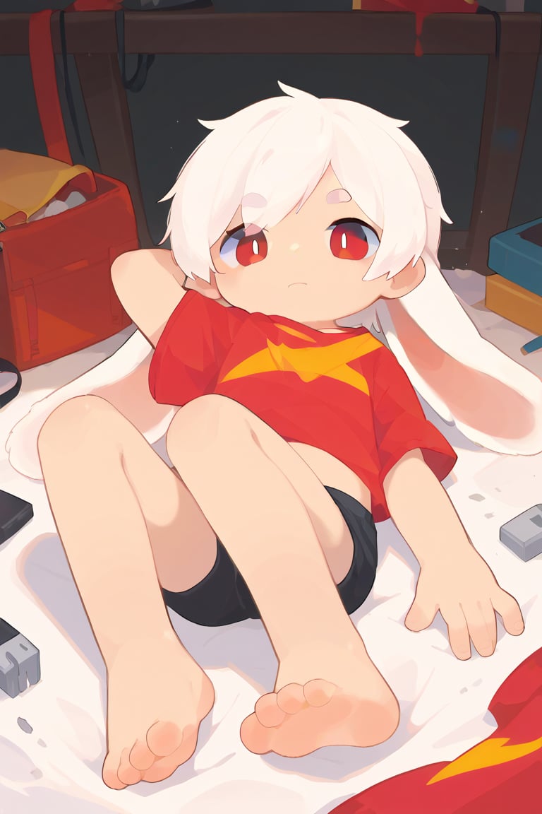 solo,male_focus,shota,
vup-bai,white_hair,(lop_ears:1.2),(red shirt:0.8),(black shorts:0.8),[barefoot],
dynamic_pose,lying,legs_up,foot_focus,BREAK,
score_9,score_8_up,score_7_up,score_6_up,score_5_up,source_anime,source_cartoon