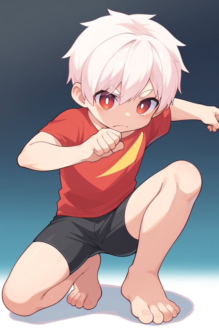 solo,male_focus,shota,
vup-bai,white_hair,(lop_ears:1.2),(red t-shirt:0.8),(black shorts:0.8),[barefoot],
dynamic_pose,fighting_stance,on_one_knee,BREAK,
score_9,score_8_up,score_7_up,score_6_up,score_5_up,source_anime 