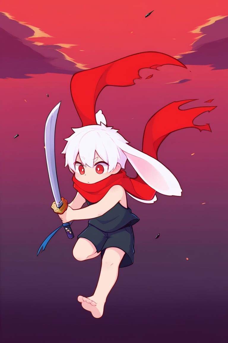 (chibi),solo,male_focus,male_child,shota, 
vup-bai,(white_hair:0.8),red eyes,(floppy_ears,lop_rabbit_ears),[scarf,red scarf,floating_scarf,scarf_over_mouth],
(red t-shirt,sleeveless:0.8),(black shorts:0.8),barefoot,BREAK,
(perfect_hand,perfect_feet),
[sky,cloud,red_sky],
defeat,(weapon,sword,katana,holding katana),
(masterpiece, best quality:1.1),