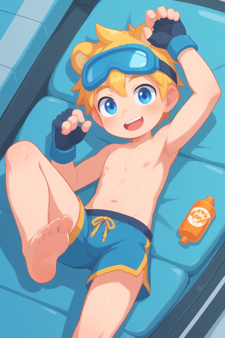 solo,male_child,shota,bear_boy,animal ear,yellow ear,yellow hair,blue eyes,eye_glow,BREAK,,
goggles_on_head,ski_goggles,blue goggles,BREAK,
bare legs,topless,swim trunks,fingerless_glove,happy,
front_view,looking at viewer,laying_down,tow leg up,
feet_focus,prefect soles,BREAK,
score_9,score_8_up,score_7_up,score_6_up,type-d, score_5_up, score_4_up,