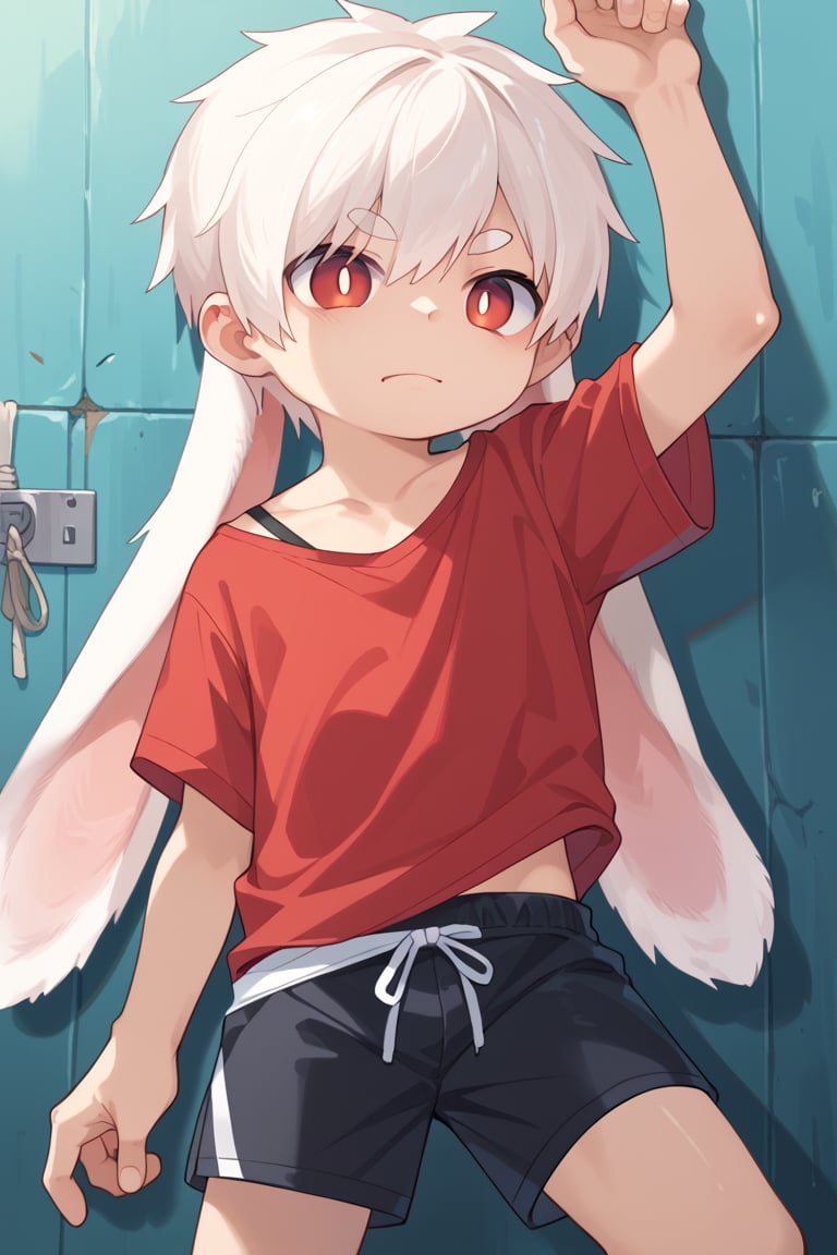 solo,male_focus,shota,
vup-bai,white_hair,(lop_ears:1.2),(red shirt:0.8),(black shorts:0.8),[barefoot],
dynamic_pose,BREAK,
score_9,score_8_up,score_7_up,score_6_up,score_5_up,source_anime 