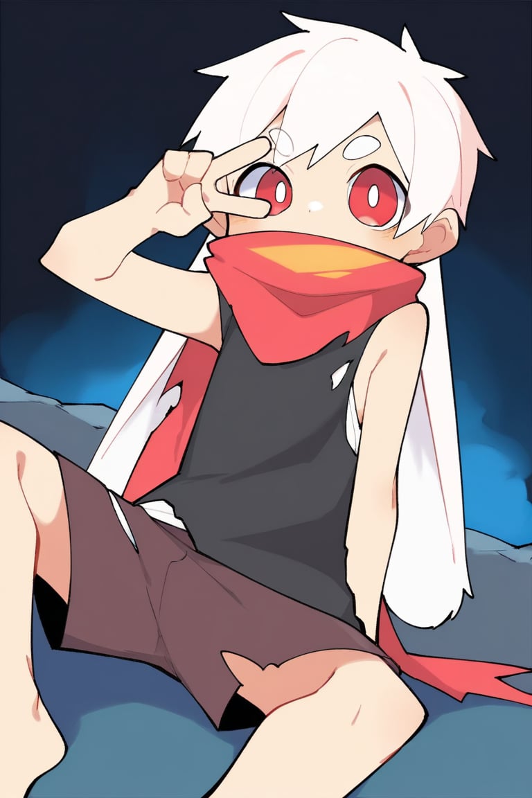 (nploser,chibi only),solo,male_focus,male_child,shota, 
vup-bai,(white_hair:0.8),red eyes,(floppy_ears,lop_rabbit_ears),[scarf,red scarf,floating_scarf,scarf_over_mouth],
(red t-shirt,sleeveless:0.8),(black shorts:0.8),(torn clothes,torn shirt,torn shorts,torn scarf),barefoot,BREAK,
[night, dark, black theme],
sitting,on_back,v over eye,
(masterpiece, best quality:1.1),