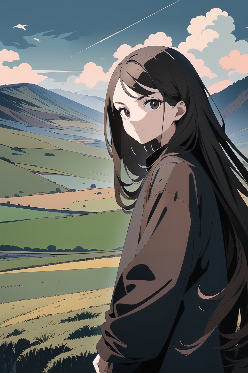 (masterpiece, best quality, high resolution: 1.3), ultra resolution image, (1 child), (only), long hair, semi-long dark brown hair, black eyes, dark gray sweatshirt, fierce, smug, confident, fantasy , ready to fight, landscape (meadow), collapse of civilization, ancient, r1ge, mythical, infinite sky, cold hearted brown eyes, traveler
