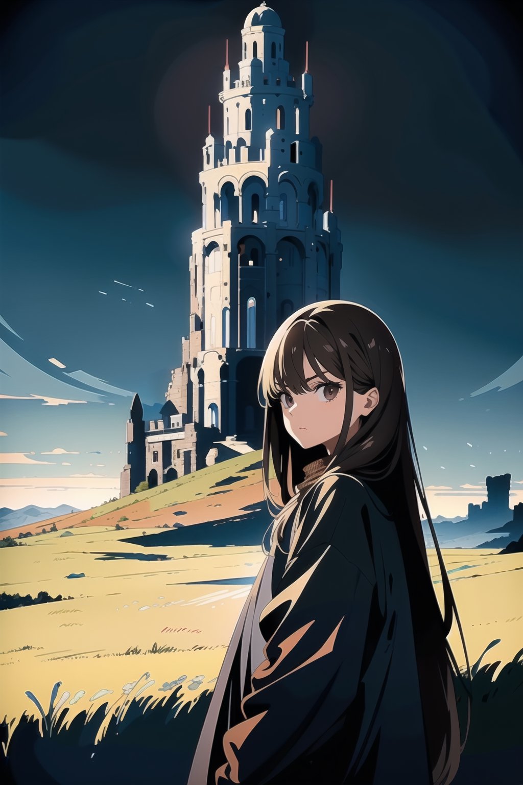 (masterpiece, best quality, high resolution: 1.3), ultra resolution image, (1 child), (only), long hair, semi-long dark brown hair, black eyes, dark gray sweatshirt, fierce, smug, confident, fantasy , ready to fight, landscape (meadow), collapse of civilization, ancient, r1ge, mythical, infinite sky (smoll((sky ruin)), cold hearted brown eyes, traveler
